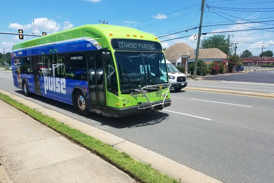 Green and blue GRTC Pulse bus in Richmond, Virginia